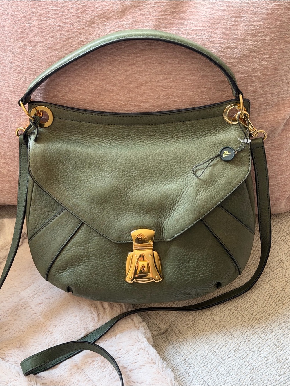 Lauren Ralph Lauren Olive Green Pebbled Leather Saddle Bag New Flaw